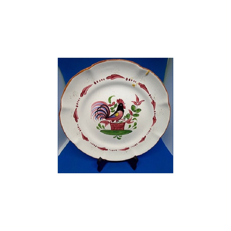 Assiette faïence d'Hadancourt avec décor au coq, diam. 23 cm signée MB