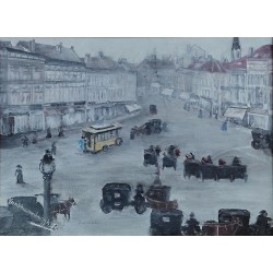 Tableau Impressionniste de Van Vaerenbergh - Carrefour Animé à Bruxelles sous un Ciel Gris