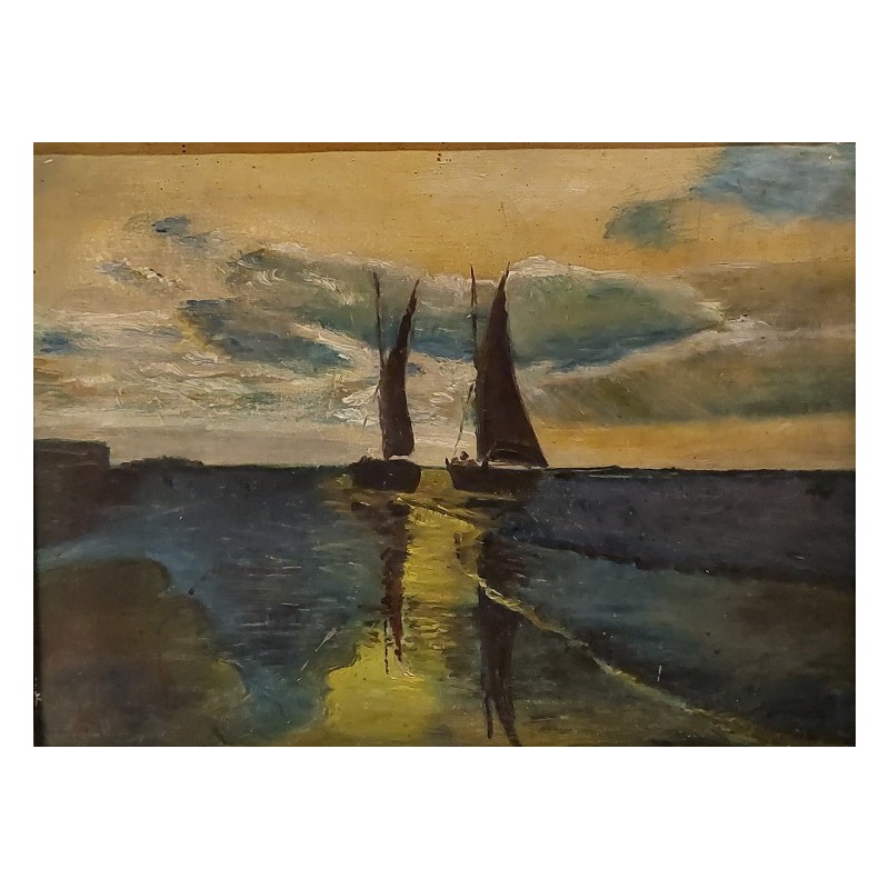 Peinture à l'Huile d'Adolphe Preud'homme - Marine des Années 1970 avec Deux Bateaux de Pêche au Coucher du Soleil