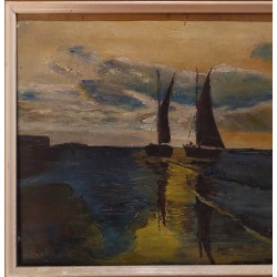 Peinture à l'Huile d'Adolphe Preud'homme - Marine des Années 1970 avec Deux Bateaux de Pêche au Coucher du Soleil