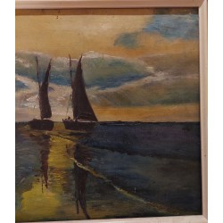 Peinture à l'Huile d'Adolphe Preud'homme - Marine des Années 1970 avec Deux Bateaux de Pêche au Coucher du Soleil