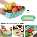 Gintan Planche à Découper Multifonction 9 en 1 Panier de Drainage Pliable avec 5 Pièces Coupe-légumes et 2 Couteaux Planche à Découper de Cuisine en Plastique(Bleu et Vert)